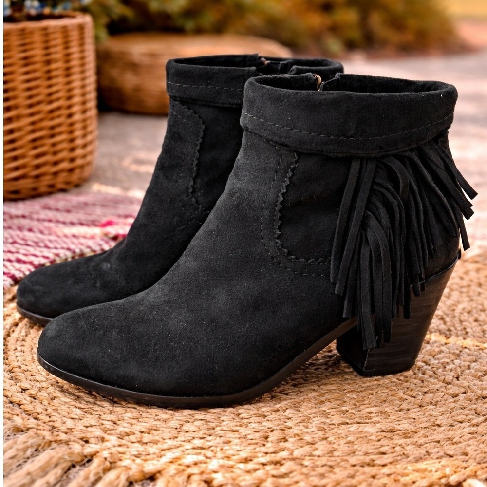 Sam Edelman Black Suede Fringe Ankle Boots Block Heel Women's Size 7 M booties